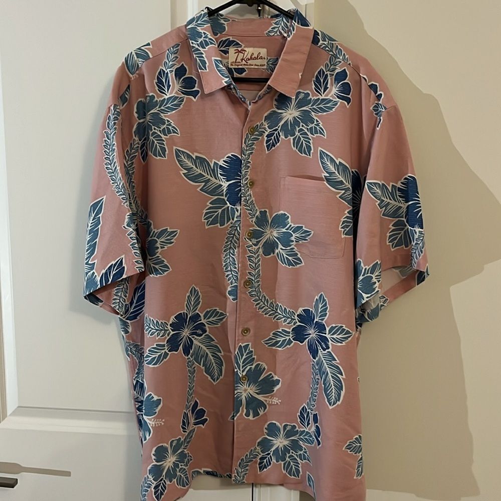 Vintage Kahala aloha Hawaiian Hawaii luau Shirt Pink/Blue floral flower power